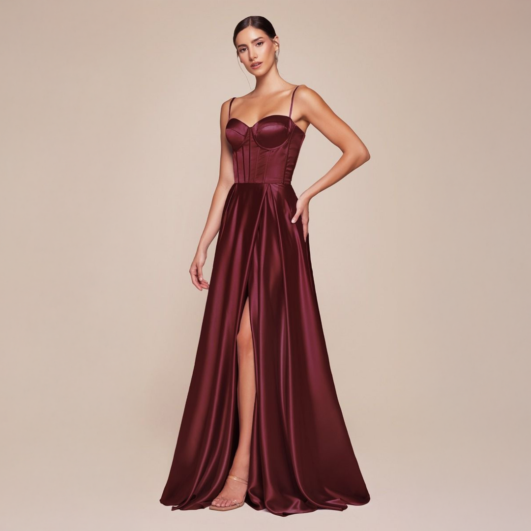 Emma Clara - Vestido De Fiesta Satín Con Corset EC0139 Borgoña