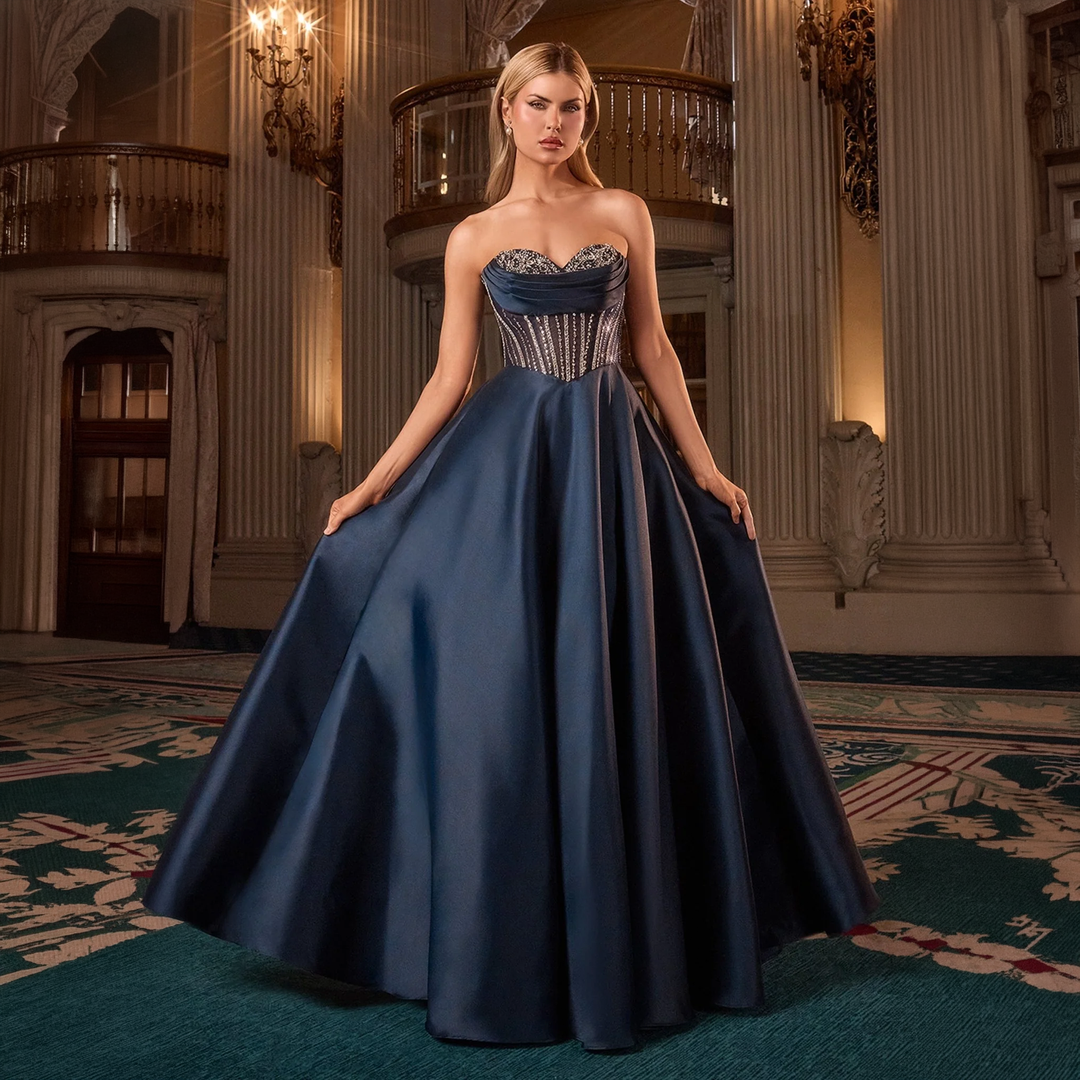 Emma Clara - Vestido de Fiesta Largo Azul Marino Pedrería Strapless Karen