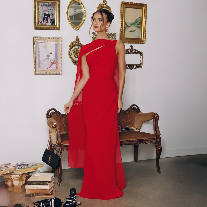 Emma Clara - Vestido de Fiesta Largo Asimétrico Gasa Ángel Rojo