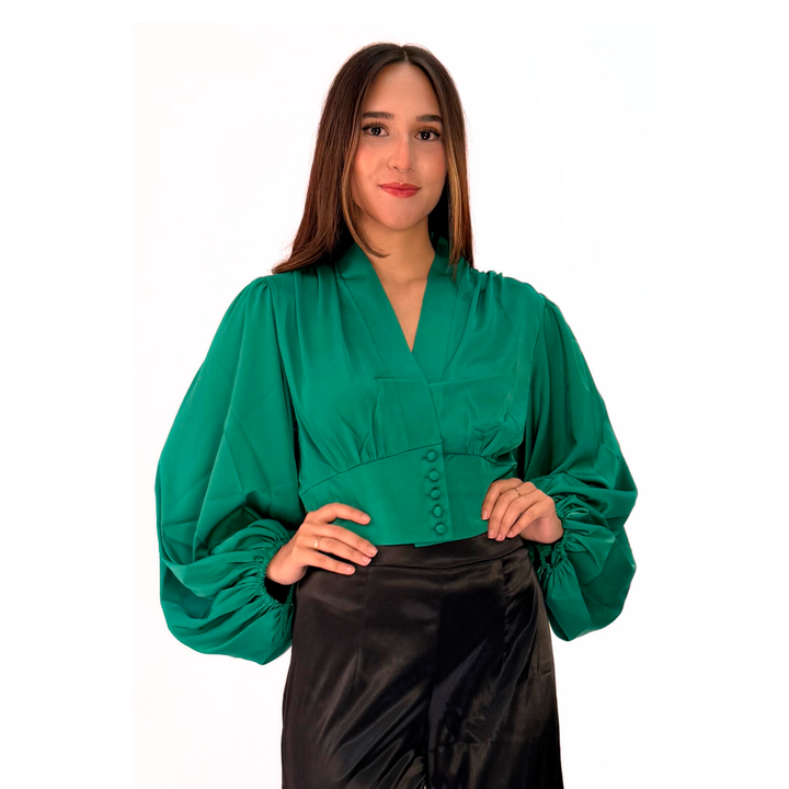 Emma Clara - Blusa Manga Globo Larga Verde Esmeralda