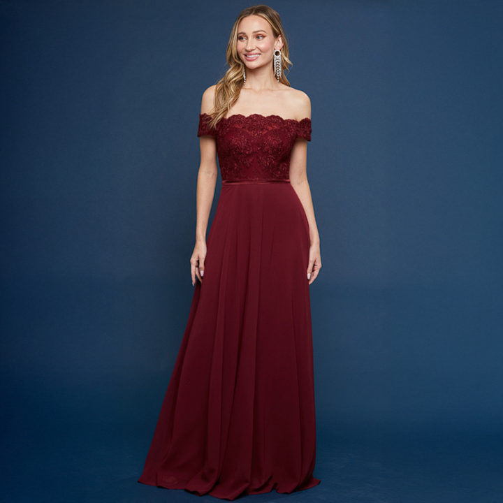 Emma Clara - Vestido de Fiesta Escote Bardot y Falda Fluida Emanuela Borgoña