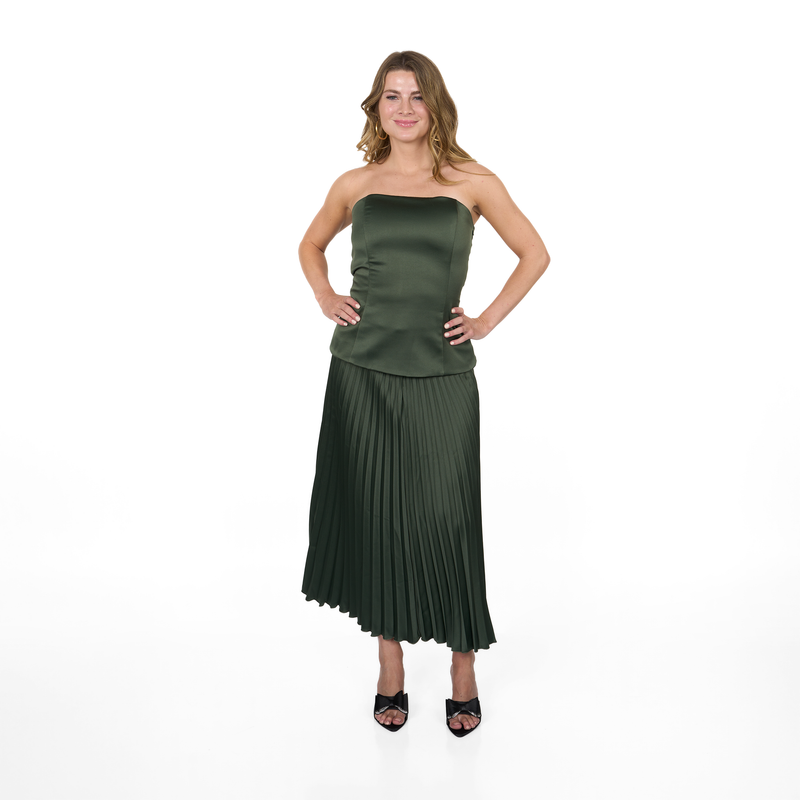 Emma Clara - Conjunto Satín Strapless Sara Verde Olivo