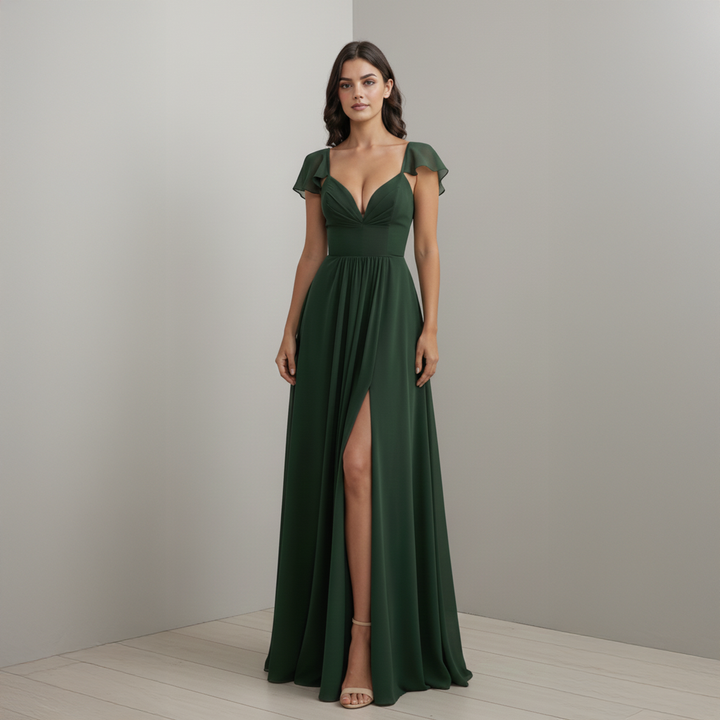 Emma Clara - Vestido Largo Gasa Manga Volados Elisa Verde Esmeralda