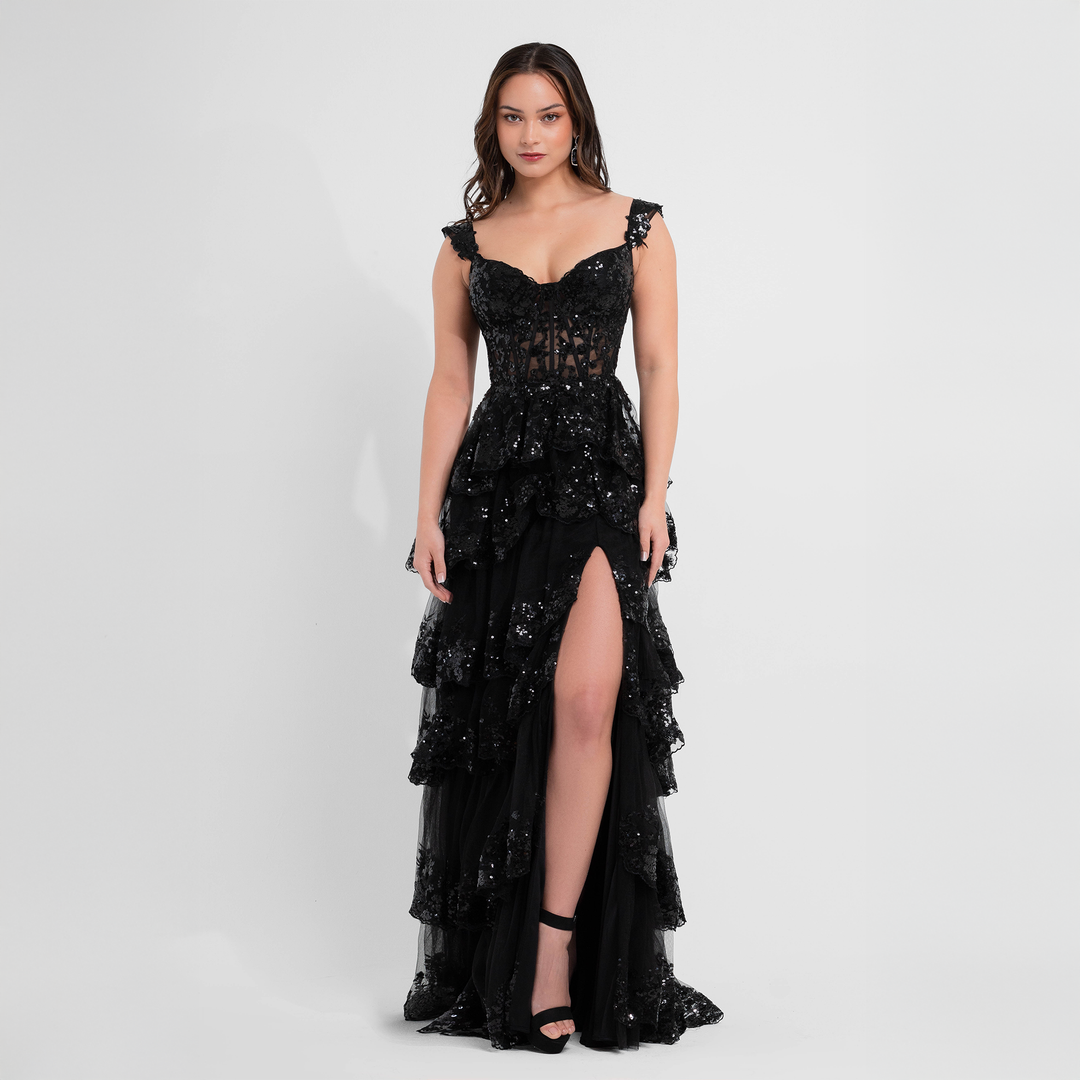 Emma Clara - Vestido De Fiesta A Capas y Lentejuelas Blanca Negro