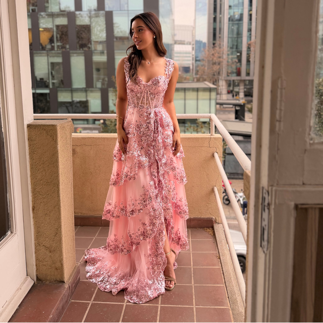 Emma Clara - Vestido De Fiesta A Capas y Lentejuelas Blanca Rosa
