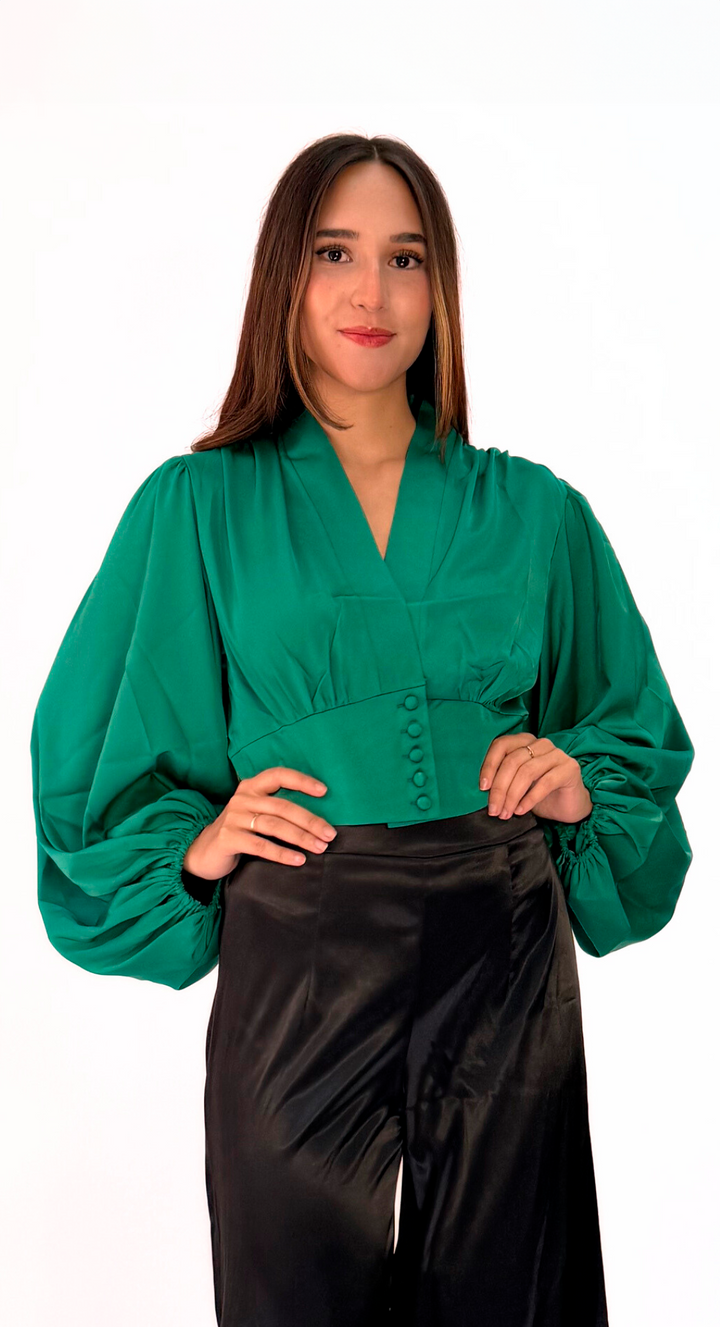 EMMA CLARA - BLUSA MANGA LARGA ESTILO BOMBACHA VERDE ESMERALDA