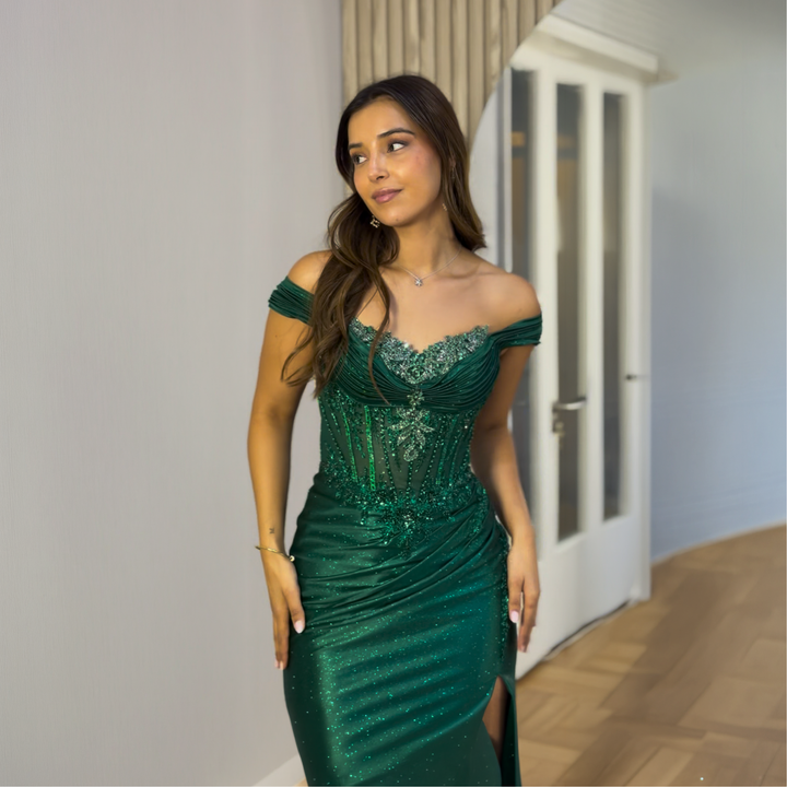 Emma Clara - Vestido de Fiesta Con Pedrería y Corset Magda Verde Esmeralda