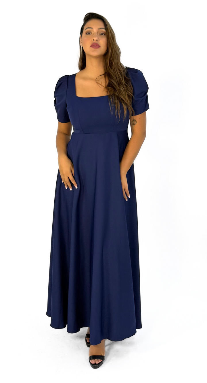 Emma Clara - Vestido Eduarda Escote Cuadrado Manga Espiral Azul Navy