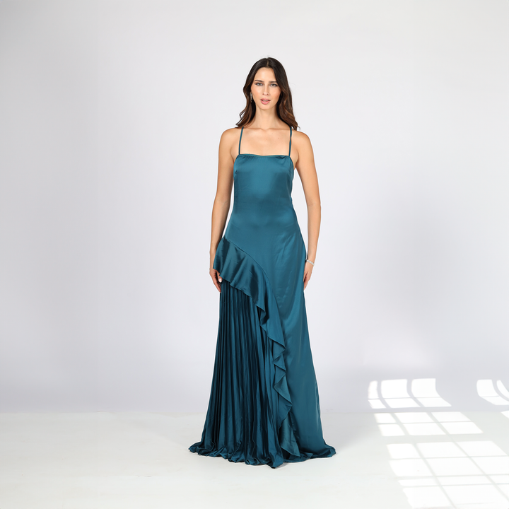 Emma Clara - Vestido de Fiesta Plisado Carmen Verde Petróleo