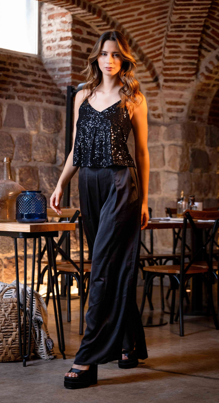 EMMA CLARA - CONJUNTO TOP LENTEJUELAS Y PALAZZO ORIANA NEGRO
