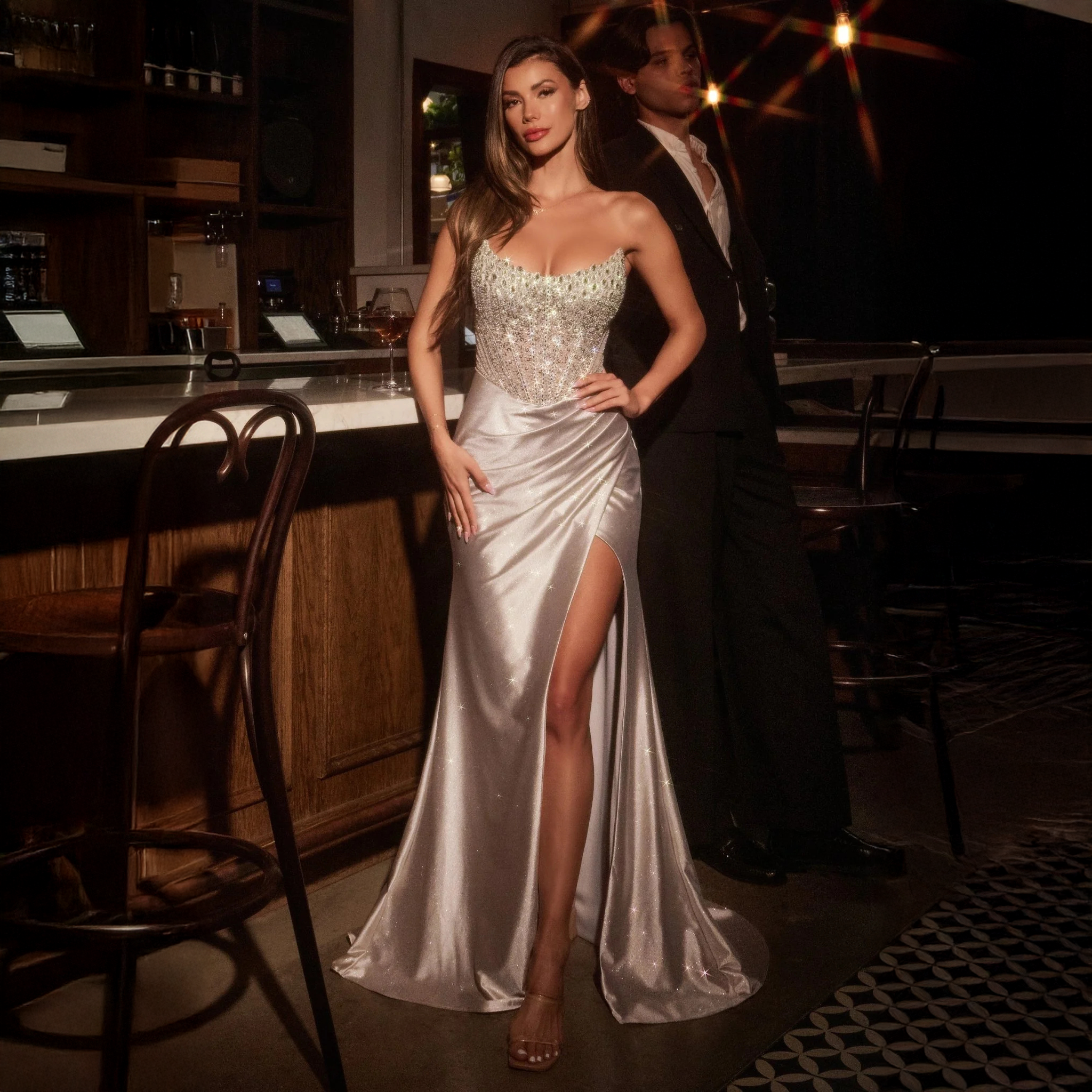 Emma Clara - Vestido Strapless de Gala con Brillos Fran Plata