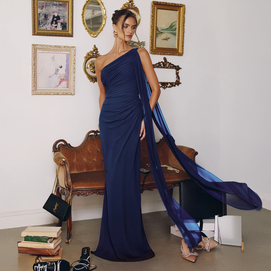 Emma Clara - Vestido de Fiesta Largo Asimétrico Gasa Ángel Azul Navy