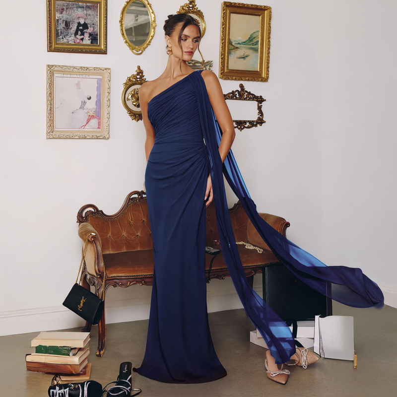 Emma Clara - Vestido de Fiesta Largo Asimétrico Gasa Ángel Azul Navy