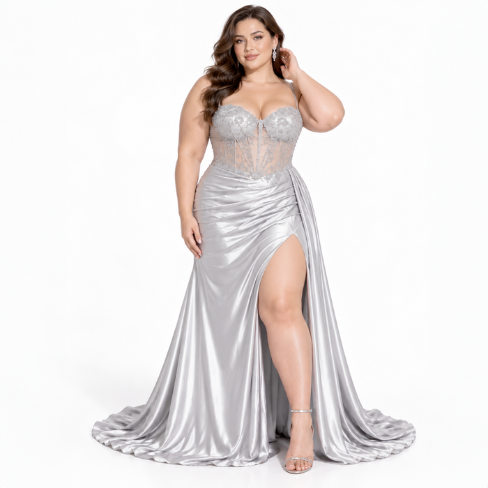 Emma Clara - Vestido De Fiesta Corset y Abertura Violeta Plateado — talla 2XL