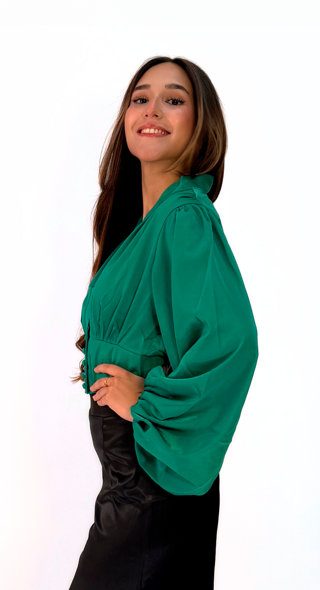 EMMA CLARA - BLUSA MANGA LARGA ESTILO BOMBACHA VERDE ESMERALDA