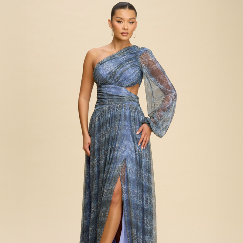 Emma Clara - Vestido largo asimétrico con manga Noa Azul Profundo