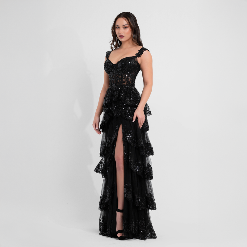Emma Clara - Vestido De Fiesta A Capas y Lentejuelas Blanca Negro