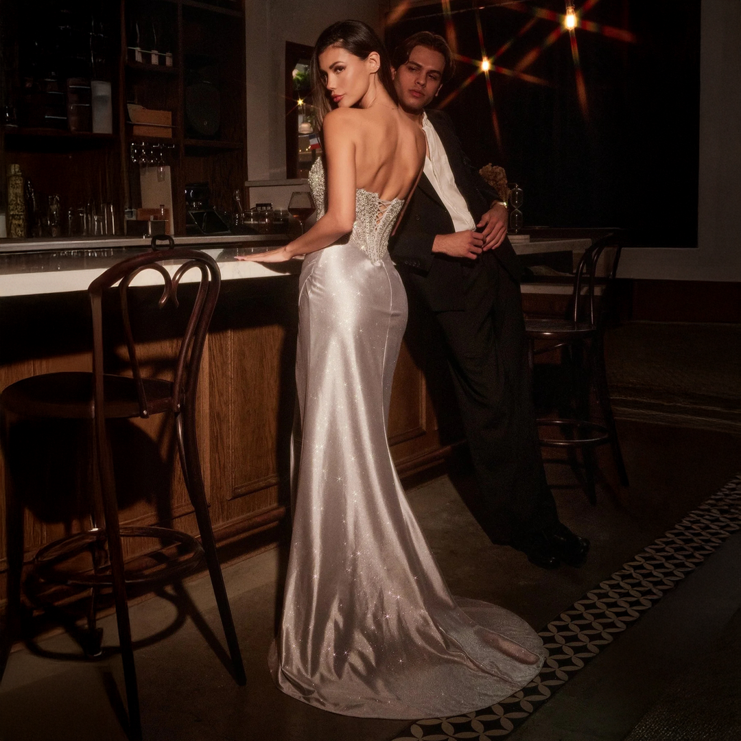 Emma Clara - Vestido Strapless de Gala con Brillos Fran Plata