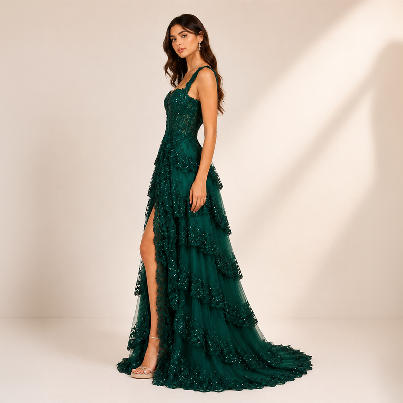 Emma Clara - Vestido De Fiesta A Capas y Lentejuelas Blanca Verde Esmeralda