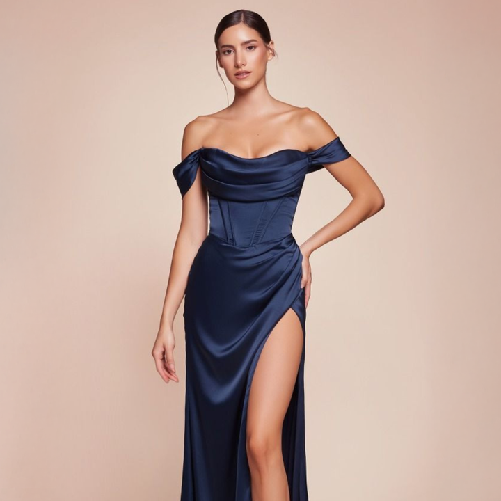 Emma Clara - Vestido De Fiesta Corset Satín Amaya Azul Navy