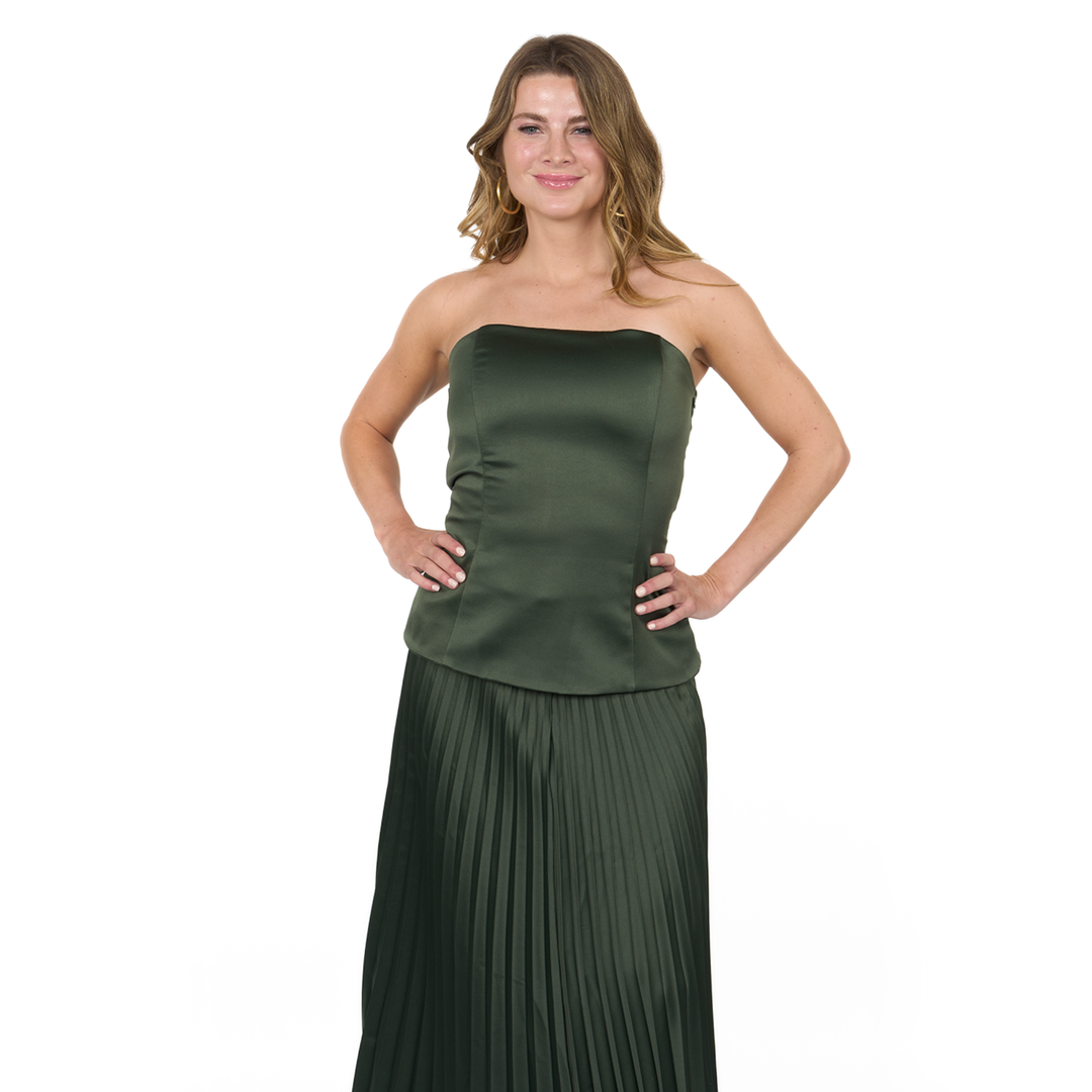 Emma Clara - Conjunto Satín Strapless Sara Verde Olivo