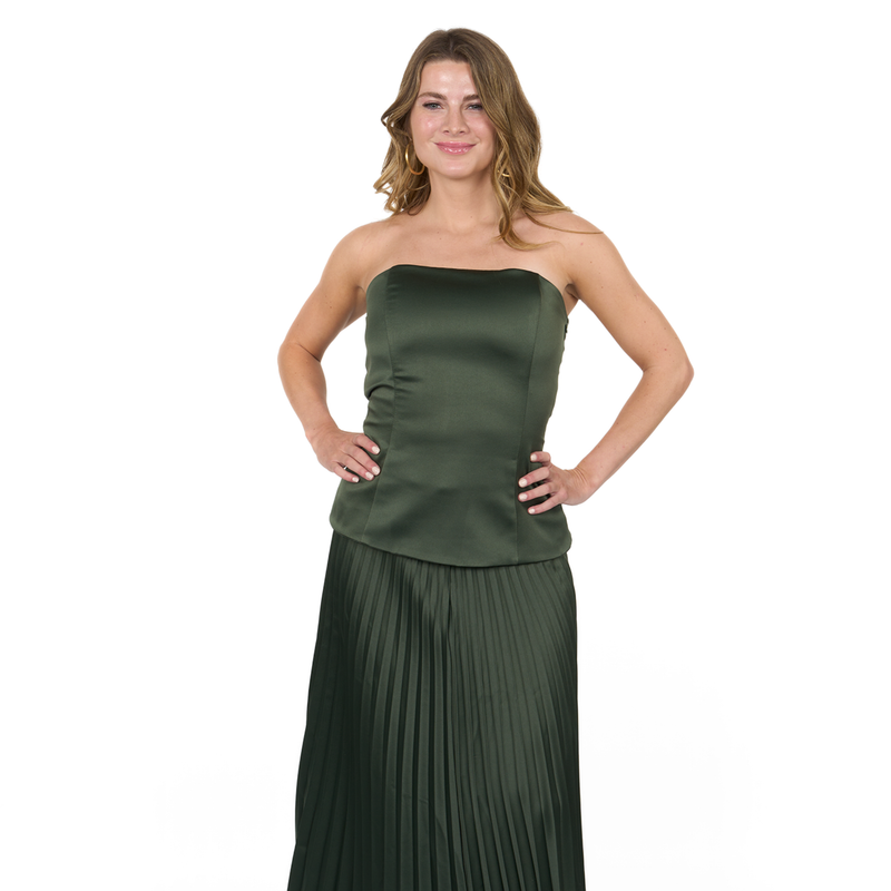 Emma Clara - Conjunto Satín Strapless Sara Verde Olivo