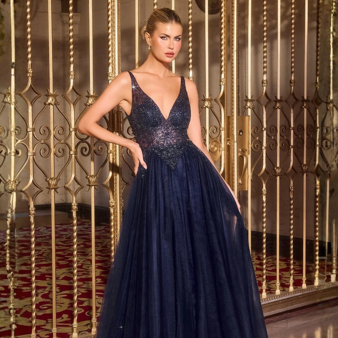 Emma Clara - Vestido de Fiesta Brillante Olga Azul Navy