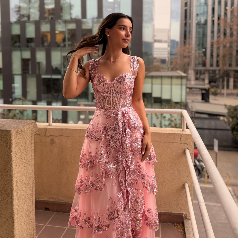 Emma Clara - Vestido De Fiesta A Capas y Lentejuelas Blanca Rosa