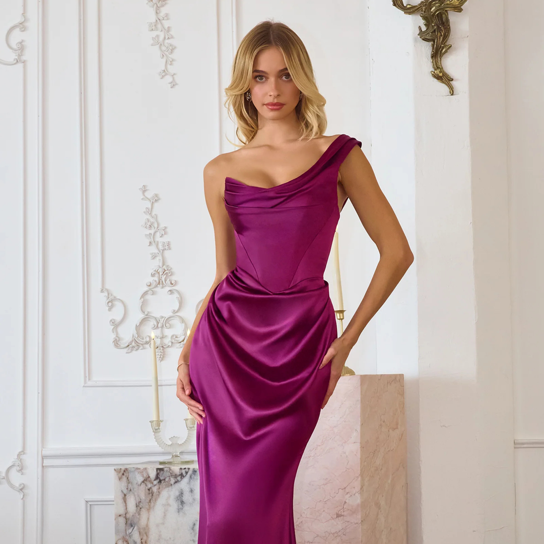 Emma Clara - Vestido de fiesta Largo Satín Asimétrico Paris Berry