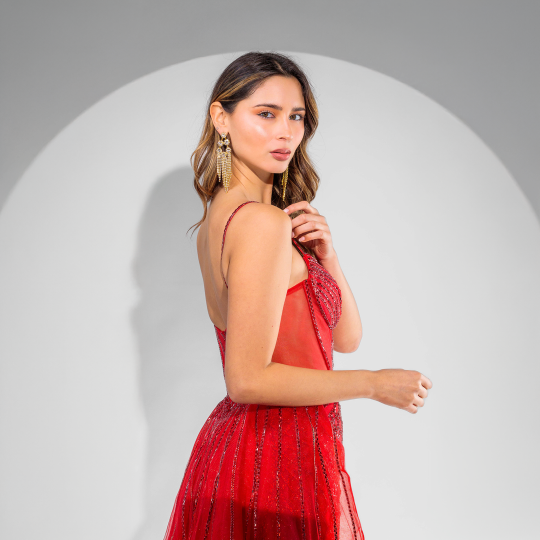 Emma Clara - Vestido de Fiesta Ajustado Con Strass EC0132 Rojo