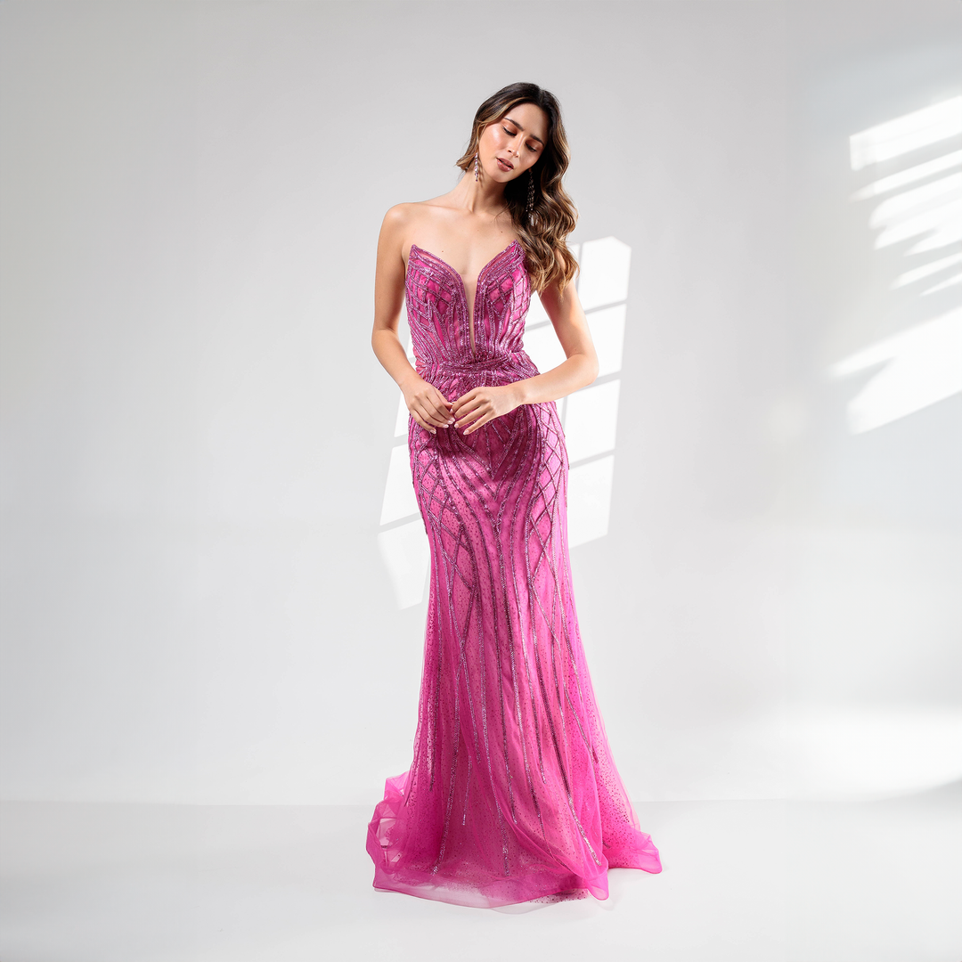 Emma Clara - Vestido de Gala Ajustado Strass Hailey Fucsia