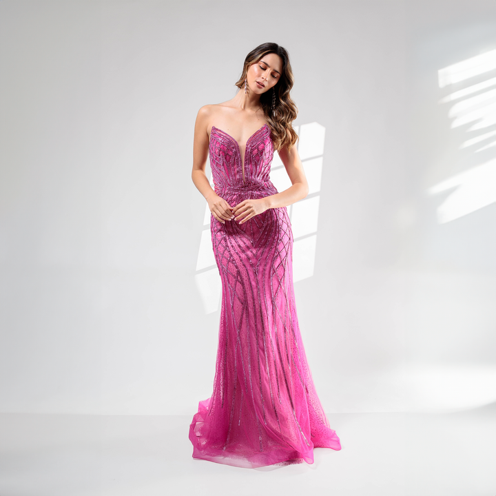 Emma Clara - Vestido de Gala Ajustado Strass Hailey Fucsia