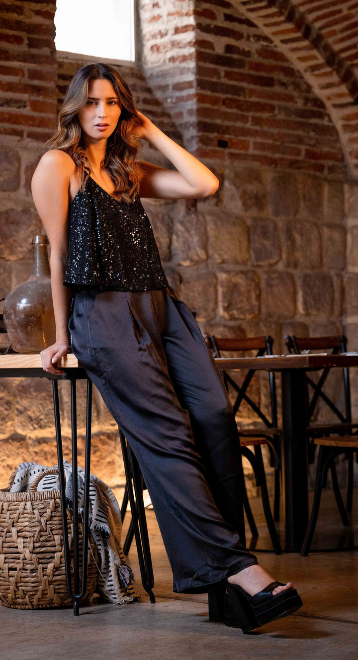 EMMA CLARA - CONJUNTO TOP LENTEJUELAS Y PALAZZO ORIANA NEGRO