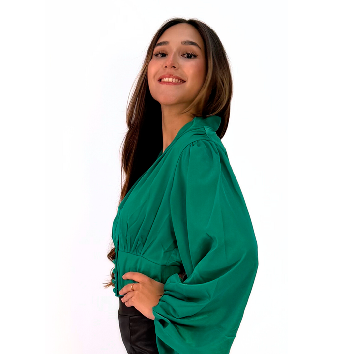 Emma Clara - Blusa Manga Globo Larga Verde Esmeralda