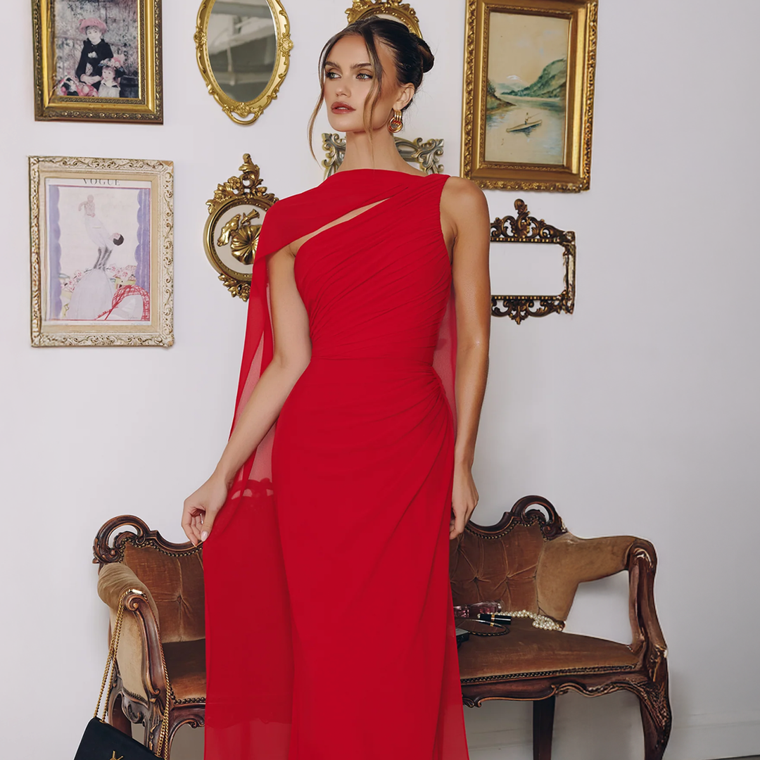 Emma Clara - Vestido de Fiesta Largo Asimétrico Gasa Ángel Rojo