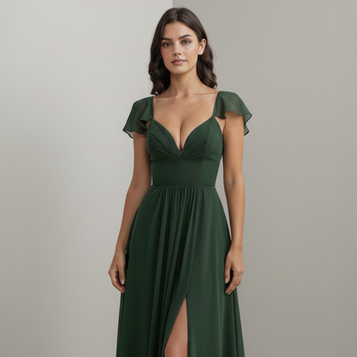 Emma Clara - Vestido Largo Gasa Manga Volados Elisa Verde Esmeralda