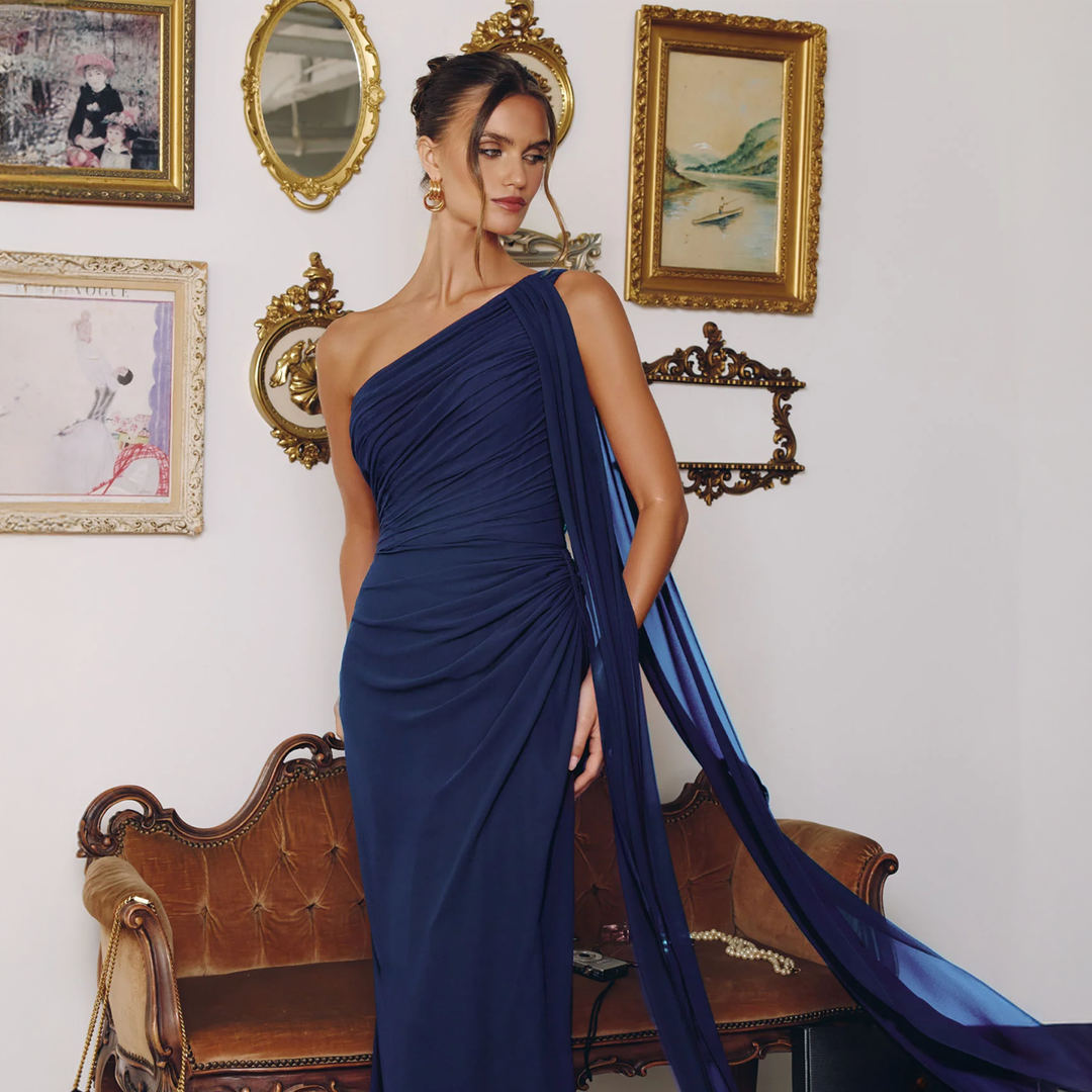 Emma Clara - Vestido de Fiesta Largo Asimétrico Gasa Ángel Azul Navy