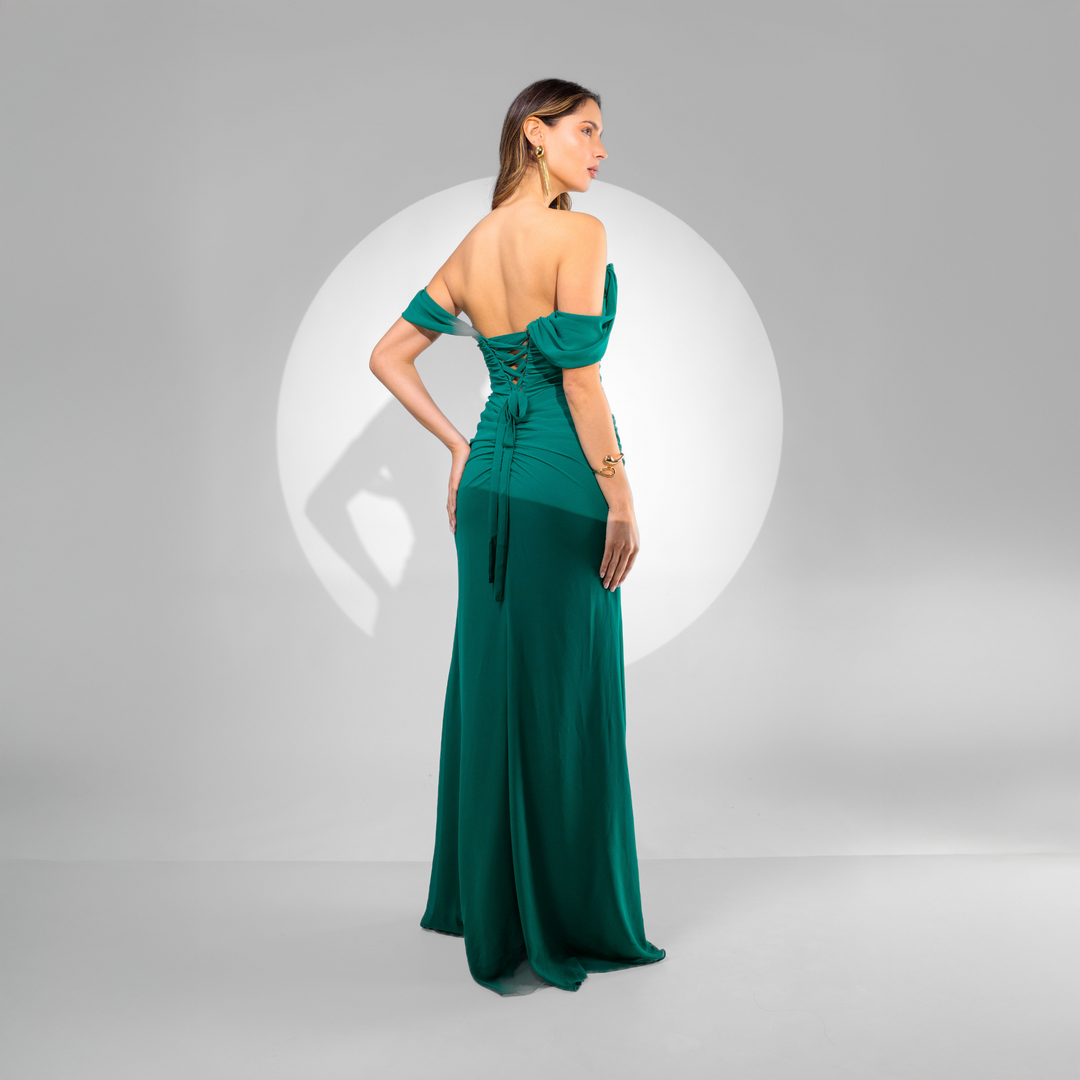 Emma Clara - Vestido de fiesta sirena off shoulder Lily Verde Esmeralda