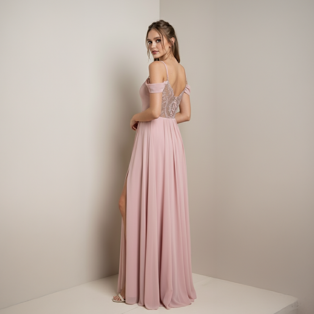 Emma Clara - Vestido Largo Gasa Escote Cruzado Ámbar Rosa