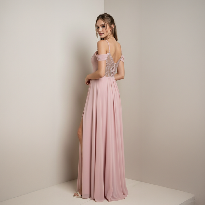 Emma Clara - Vestido Largo Gasa Escote Cruzado Ámbar Rosa