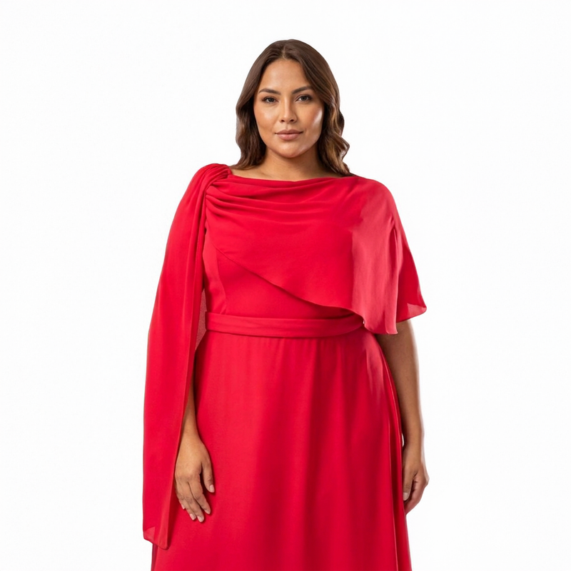 Emma Clara - Vestido de Fiesta con Capa y Falda Tipo A Rocío Rojo