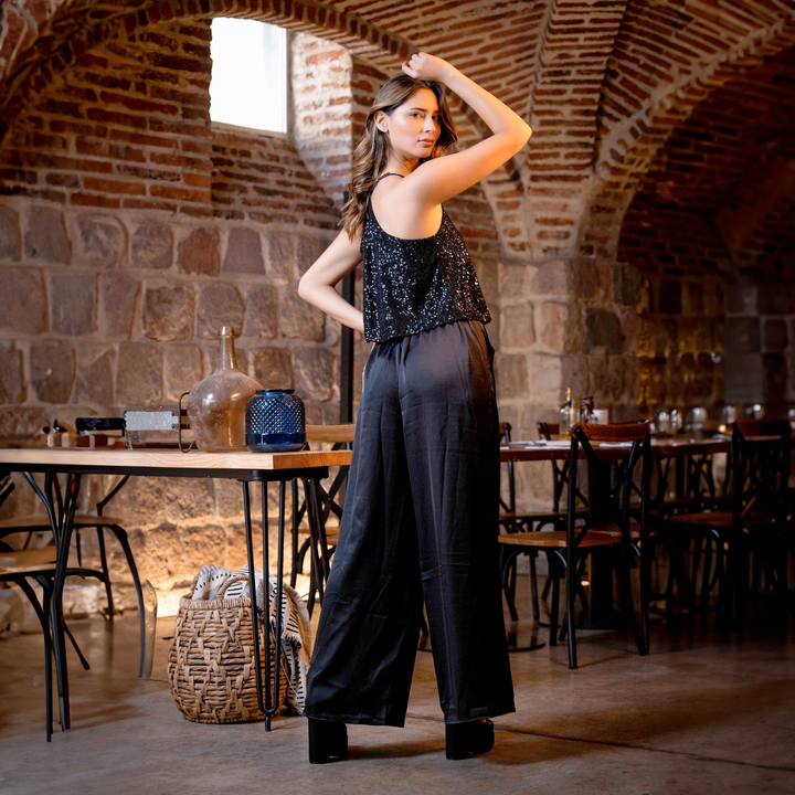 Emma Clara - Conjunto Top Lentejuelas y Palazzo Oriana Negro