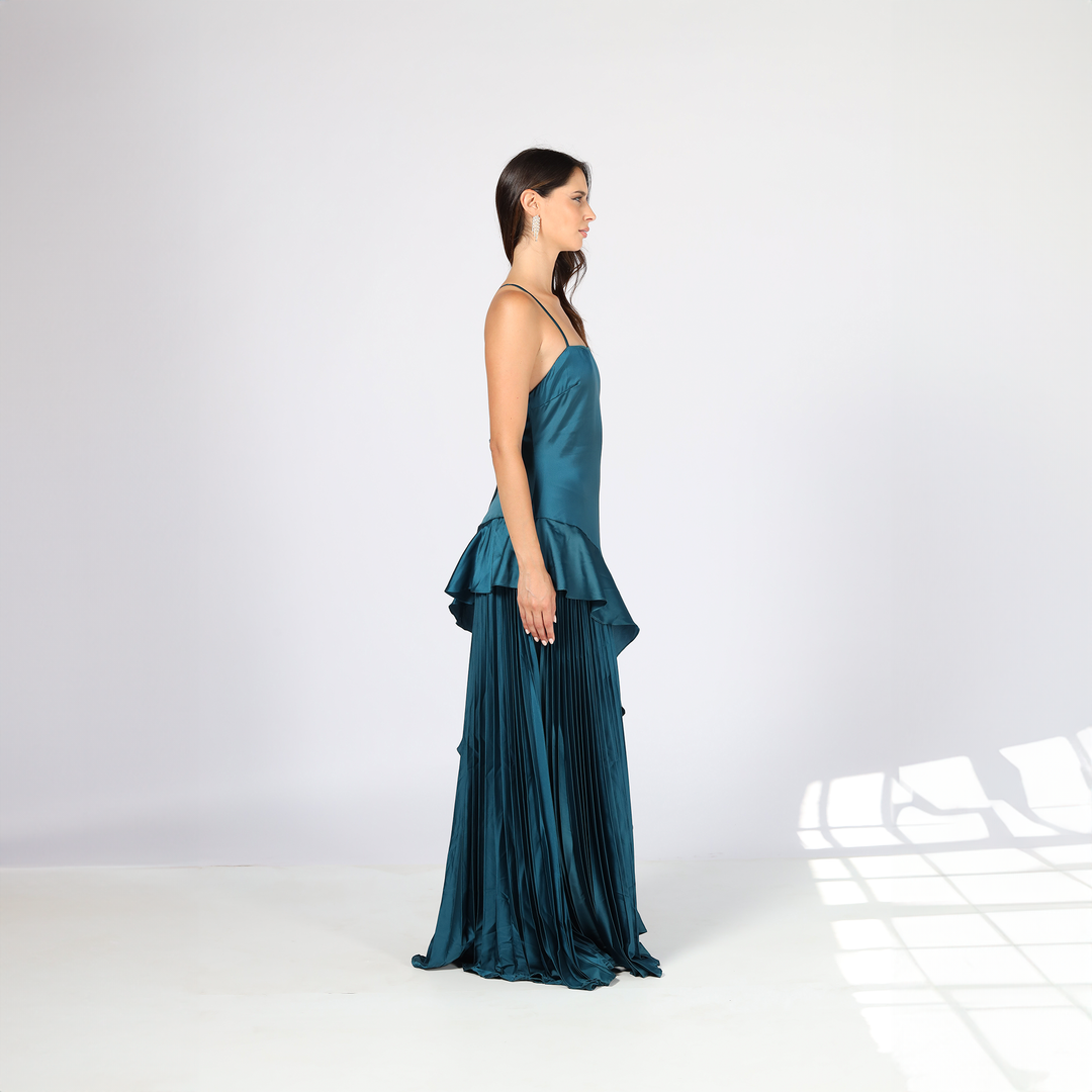 Emma Clara - Vestido de Fiesta Plisado Carmen Verde Petróleo