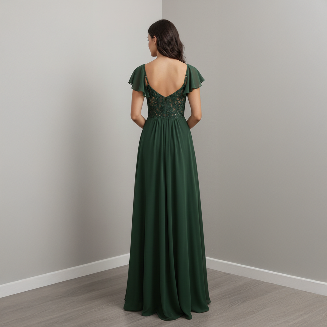 Emma Clara - Vestido Largo Gasa Manga Volados Elisa Verde Esmeralda