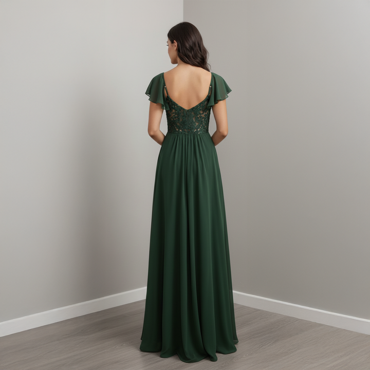 Emma Clara - Vestido Largo Gasa Manga Volados Elisa Verde Esmeralda