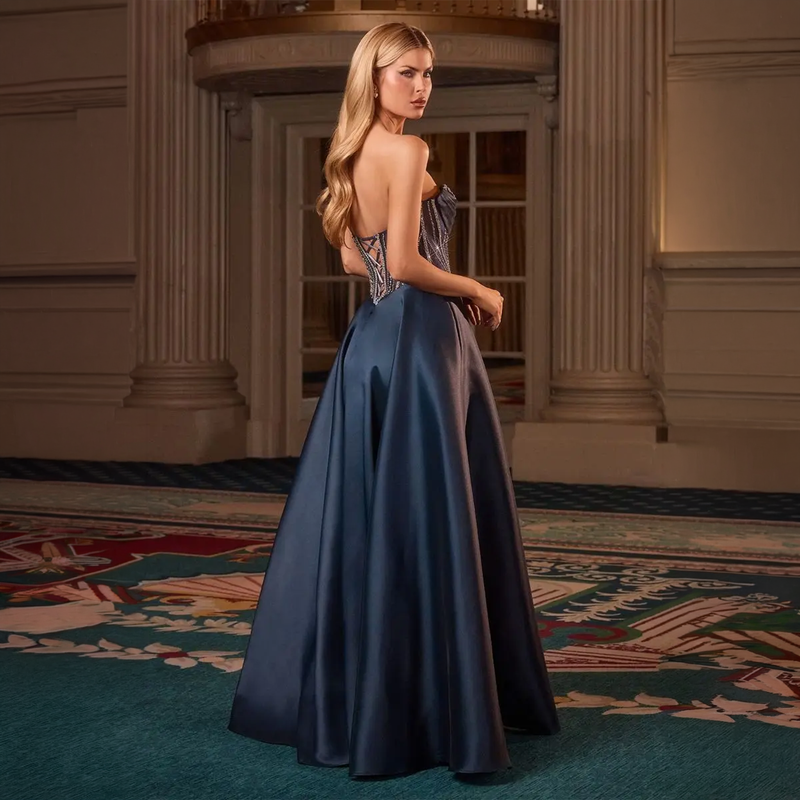 Emma Clara - Vestido de Fiesta Largo Azul Marino Pedrería Strapless Karen