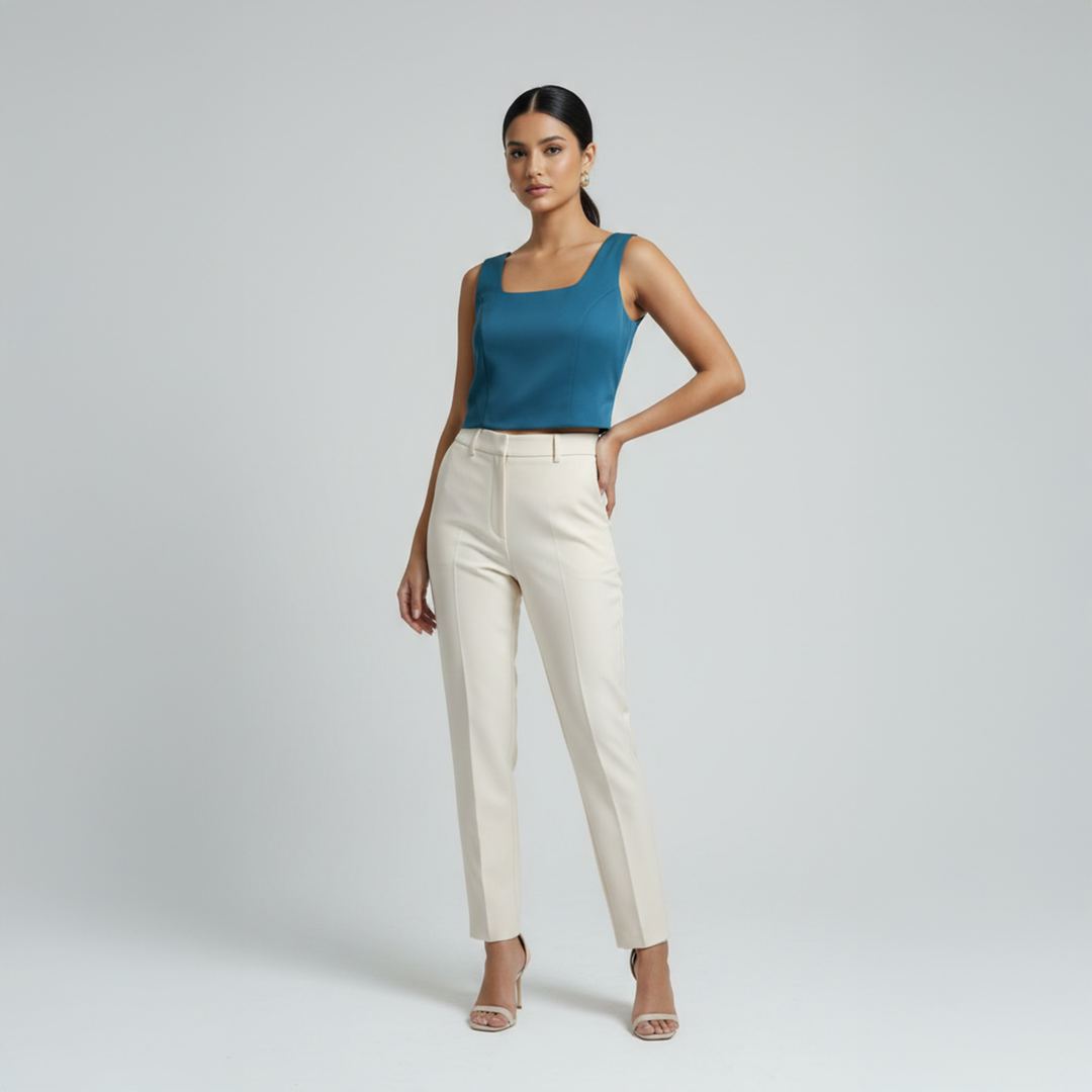 Emma Clara - Crop Top de Satín con Cuello Cuadrado Verde Petróleo