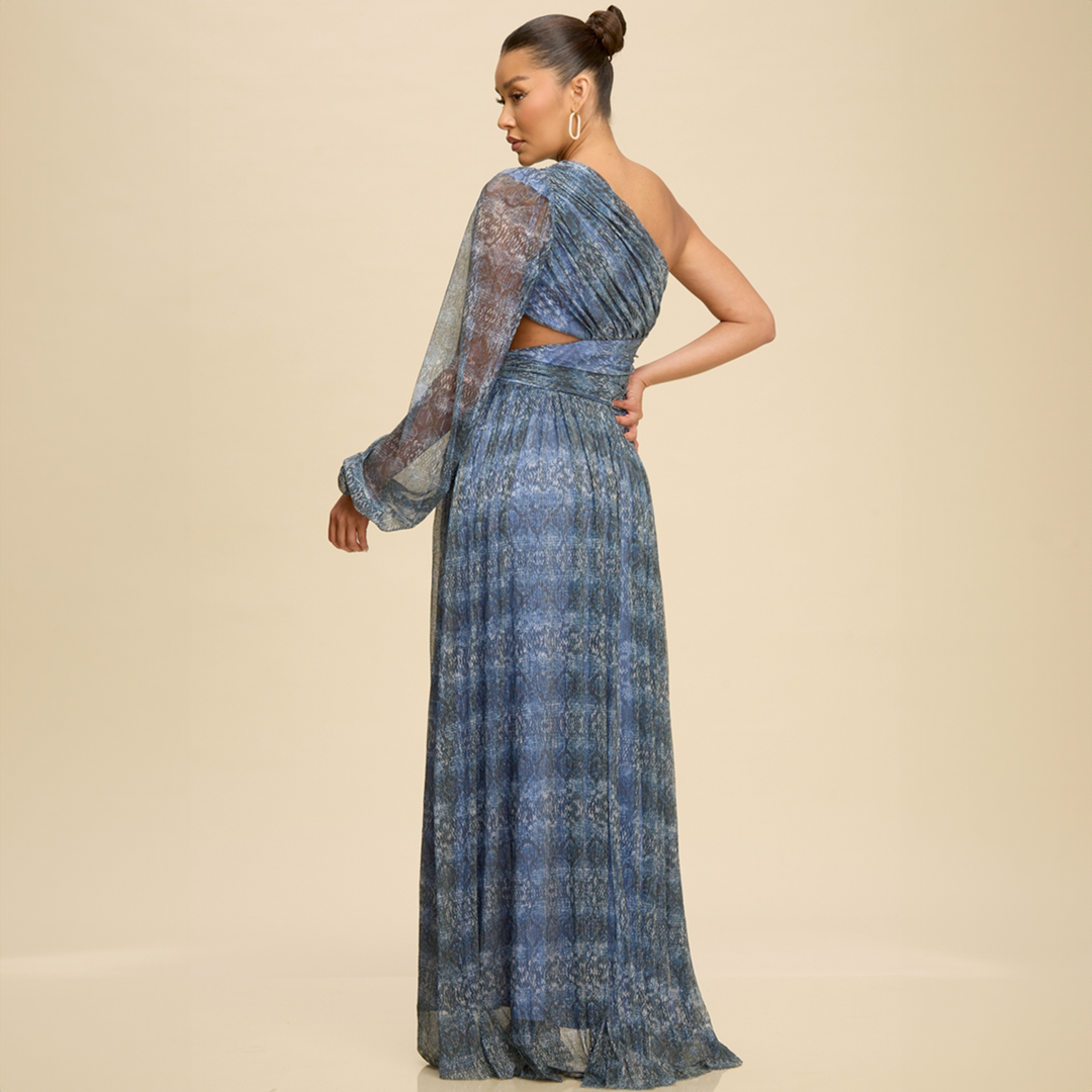 Emma Clara - Vestido largo asimétrico con manga Noa Azul Profundo