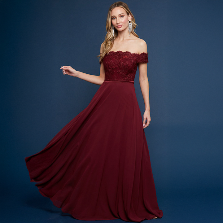 Emma Clara - Vestido de Fiesta Escote Bardot y Falda Fluida Emanuela Borgoña