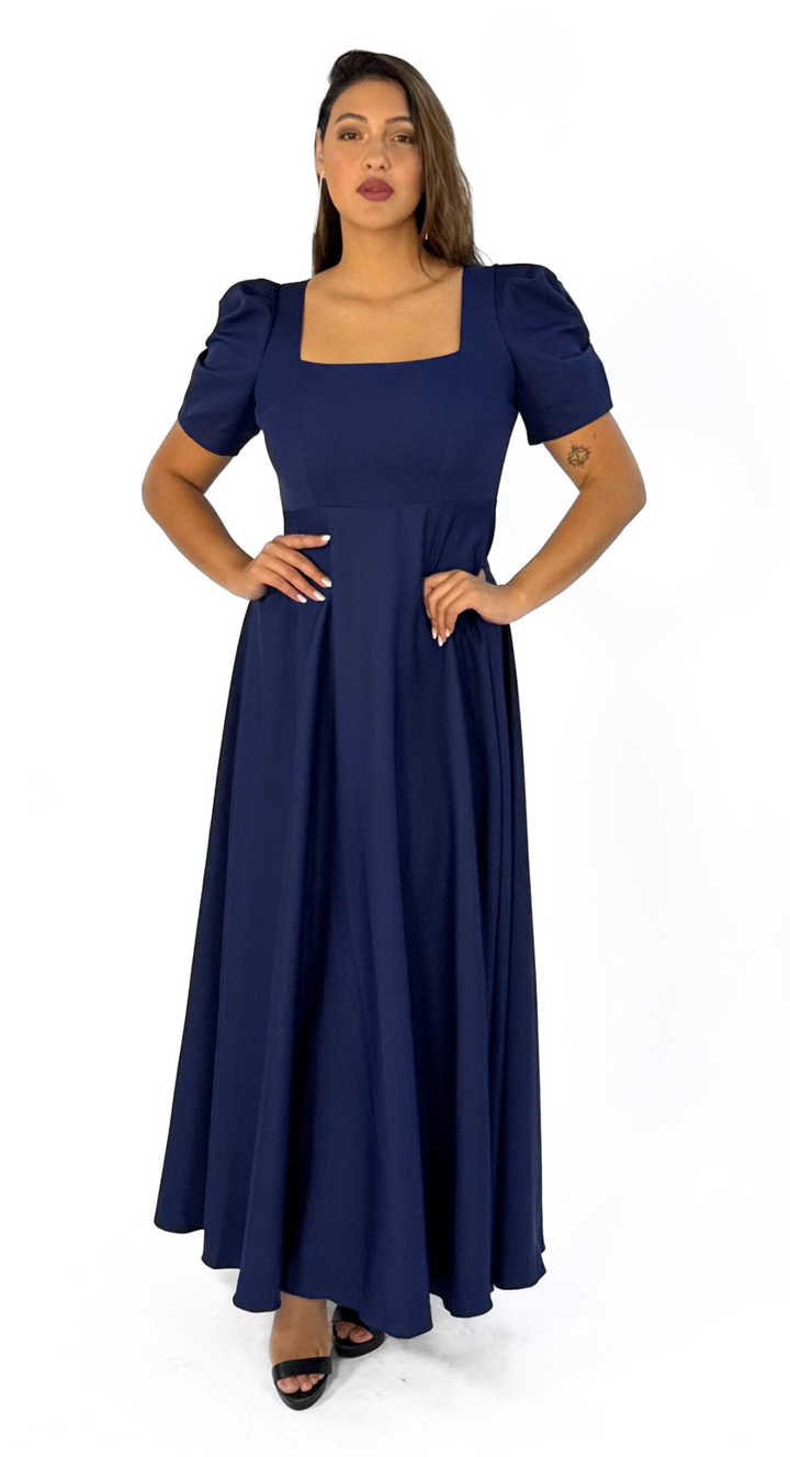 Emma Clara - Vestido Eduarda Escote Cuadrado Manga Espiral Azul Navy